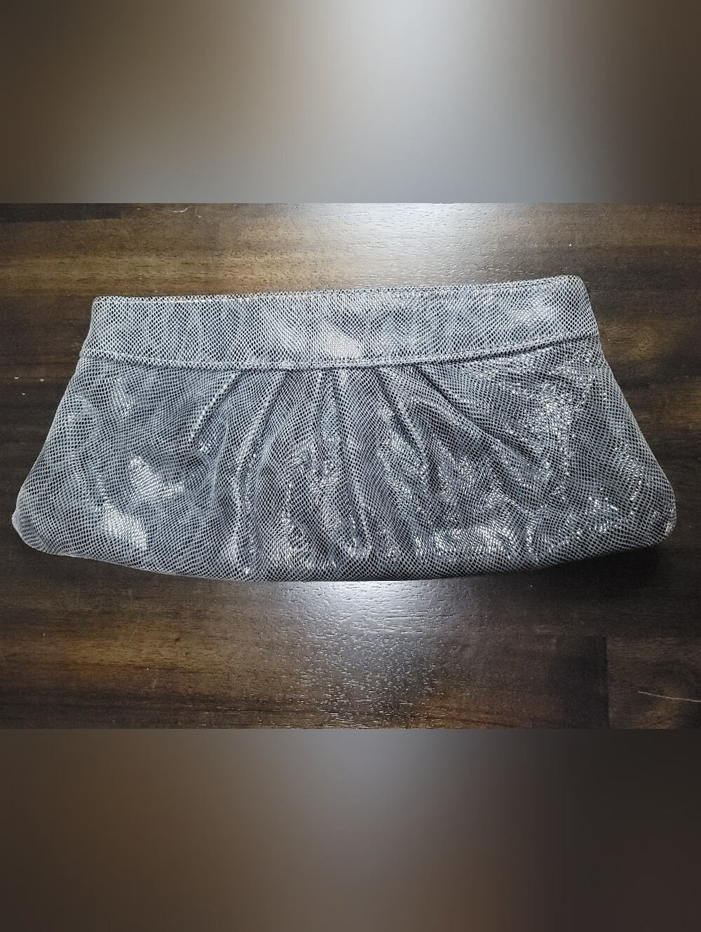 Lauren Merkin Louise Metallic Gray Snake Embossed Clutch Bag